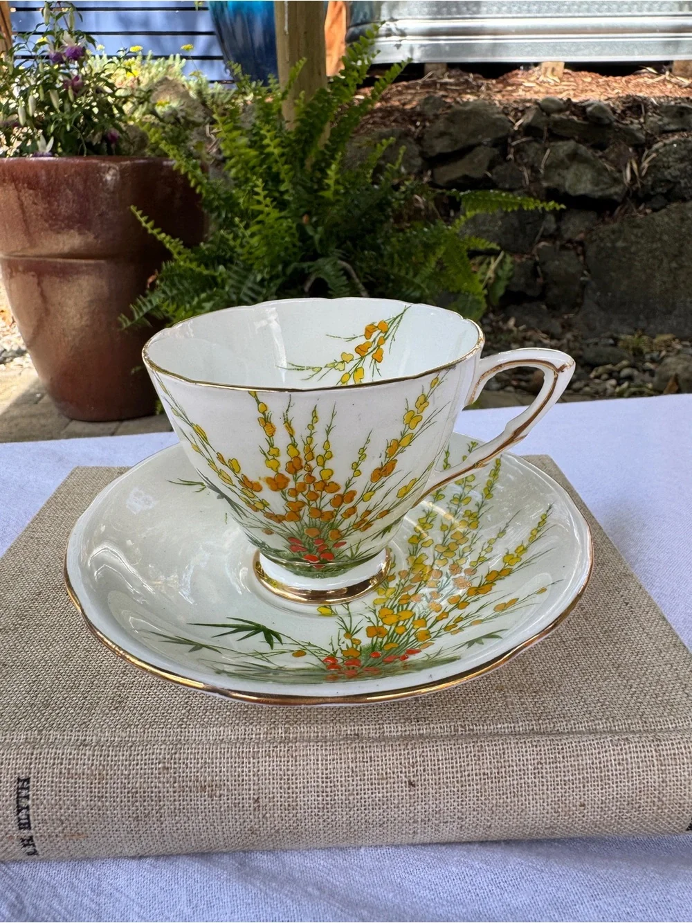 Vintage Royal Stafford Bone China Teacup & Saucer BROOM Pattern Made in England